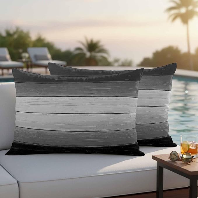 Black Gray Outdoor Pillow Covers 20x12 Inch Lumbar Pillow Covers Set of 2 Waterproof Decorative Throw Pillow Cases Farmhouse Vintage Gradient Wooden Plank Cushion Covers for Patio Furniture Garden
