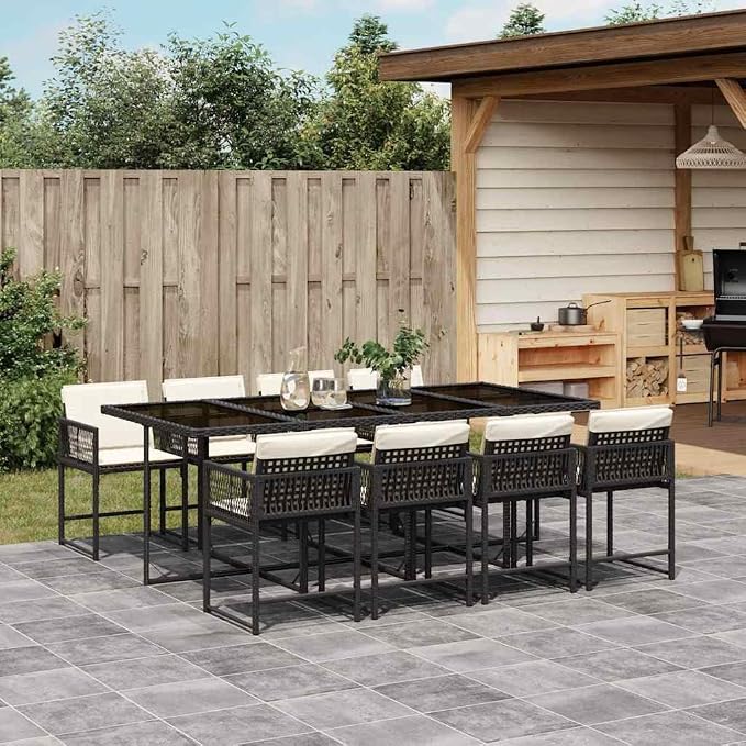 9 Piece Patio Dining Set for 8, Outdoor Poly Rattan Garden Table and Chairs with Cushions, Space-Saving Foldable Furniture for Backyard Deck