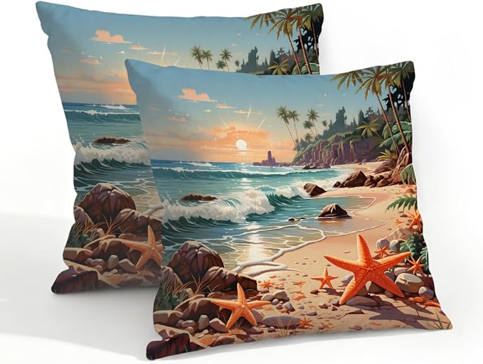 20x20 Inch Outdoor Pillow Covers Set of 2 Waterproof Throw Pillow Covers Decorative Couch Cushion Covers Beach Seaside Starfish Square Pillowcases Protectors for Patio Garden Sofa