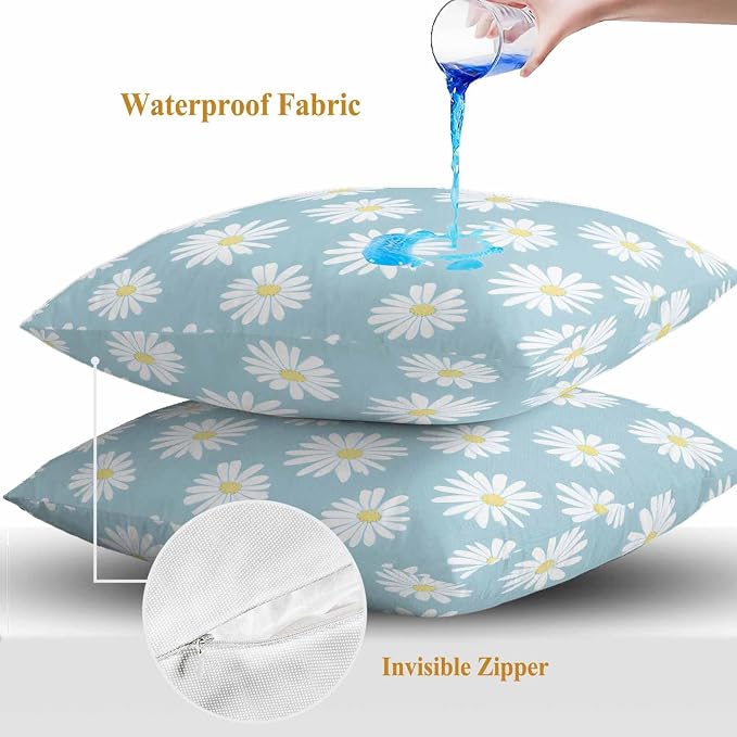 Throw Pillow Covers 20x20 Inch Set of 2, White Teal Daisy Waterproof Outdoor Pillow Covers, Spring Summer Floral Farmhouse Decorative Cushion Pillowcases for Couch, Sofa, Bed, Garden, Patio