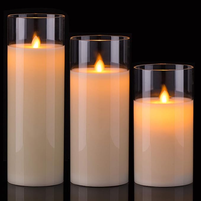 AKU TONPA Pack of 3 Flameless Candles Battery Operated Real Wax Glass Flickering LED Candle Sets with Remote Control Cycling 24 Hours Timer (3" x 8" 10" 12")