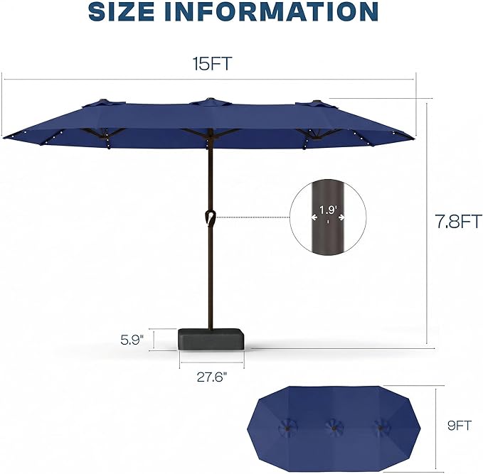 15FT Patio Umbrella with Solar Lights, Double-Sided Extra Large Outdoor Table Umbrella with Base Included, Heavy-Duty 12 Iron Ribs Market Umbrella for Garden, Pool, Backyard, Navy Blue