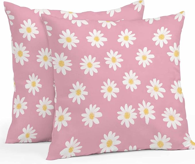 Throw Pillow Covers 20x20 Inch Set of 2, White Pink Daisy Waterproof Outdoor Pillow Covers, Spring Summer Floral Farmhouse Decorative Cushion Pillowcases for Couch, Sofa, Bed, Garden, Patio