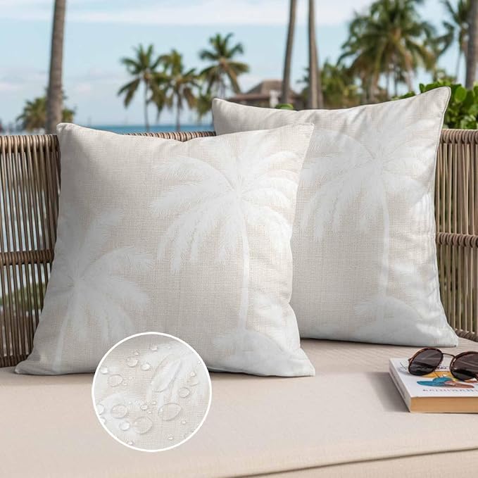 Outdoor Pillow Covers 18x18 Inch Set of 2, Cream Palm Trees Waterproof Throw Pillow Covers, Farmhouse Tropical Summer Beach Decorative Cushion Pillowcases for Couch, Sofa, Bed, Garden, Patio