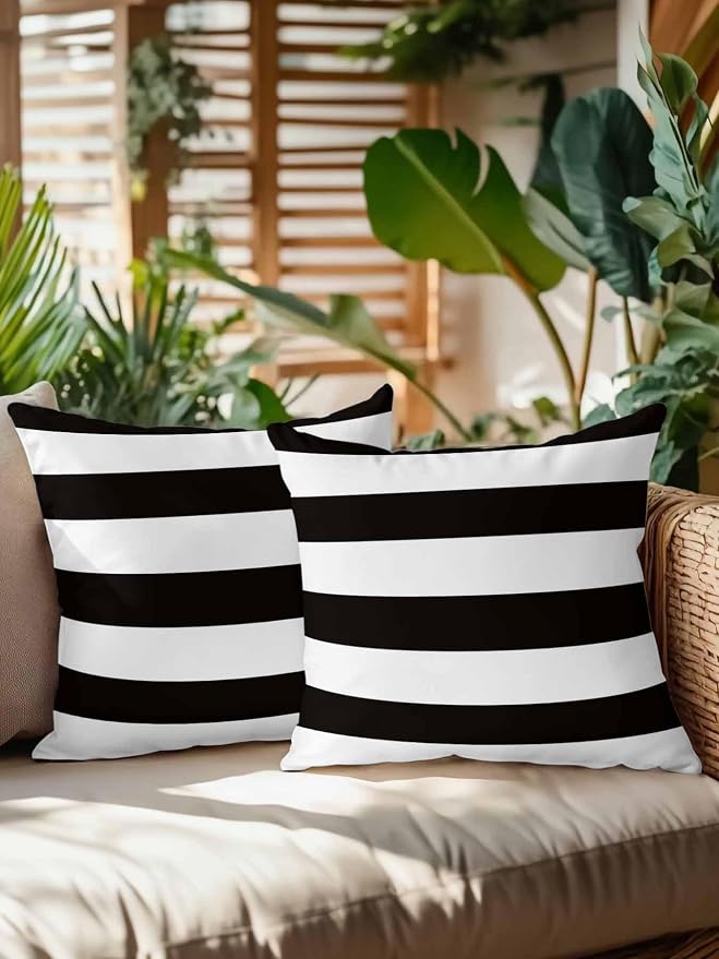 Waterproof Outdoor Pillow Set of 2 Black White Stripe Decorative Throw Pillows Cover & Insert 16x16 Inch Pillowcase Simple Style Striped Pillows for Couch Sofa Bed Patio Furniture Indoor Outdoor