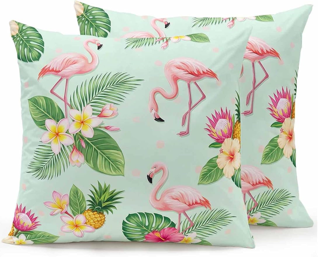 Outdoor Waterproof Throw Pillows 18x18in, Summer Flamingos Tropical Leaf Patio Pillows Pack of 2, Decorative Pillow Covers with Insert, Pillow Cushion Case for Garden Couch Sofa Pink Flower Pineapple