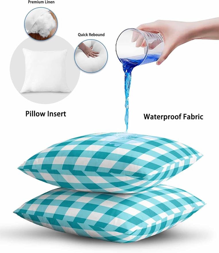 Waterproof Outdoor Pillow Set of 2 Turquoise Buffalo Plaid Decorative Throw Pillows Cover & Insert 20x12 Inch Lumbar Pillowcase Check Lines Pillows for Couch Sofa Bed Patio Furniture Indoor Outdoor