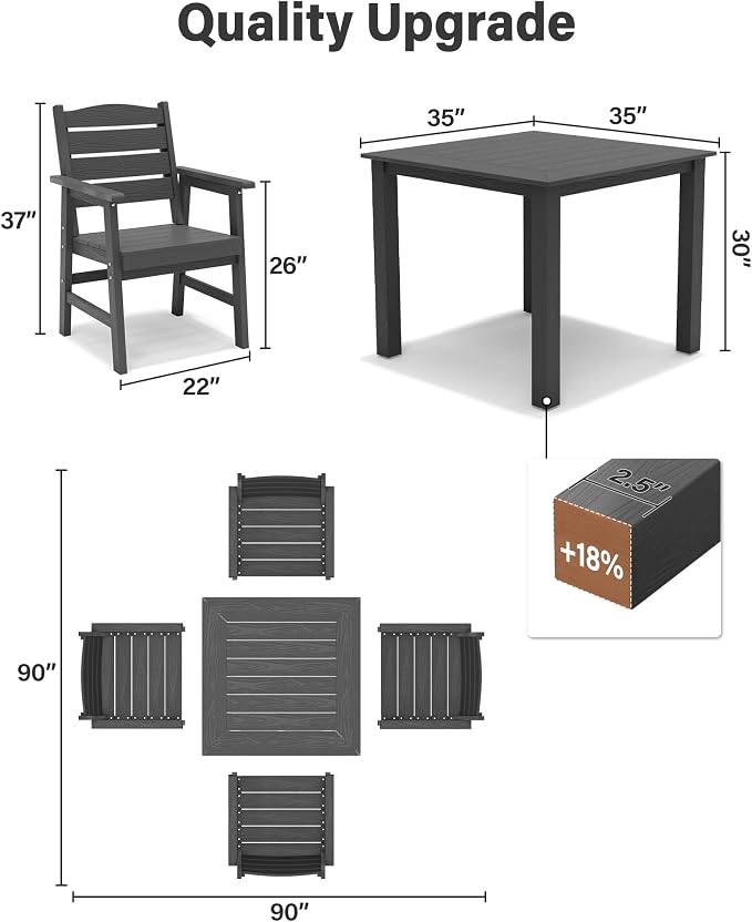 YEFU HIPS Outdoor Table and Chairs : Square Family-Friendly Patio Dining Sets - 5-Piece All-Weather Easy-Clean Outdoor Dining Set - Modern Furniture for Garden Deck Backyard Poolside（Grey）