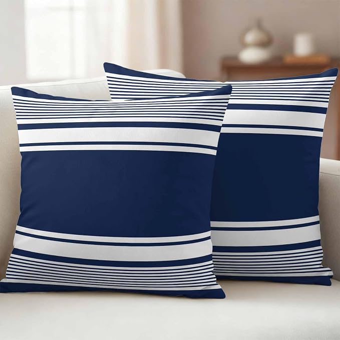 Outdoor Waterproof Throw Pillow Covers, Navy Blue Striped Decorative Pillow Cases, Modern Color Block Farmhouse Stripes Couch Pillow Protector Patio Sofa Cushion Covers Replacement 26"x26" 2 Pack