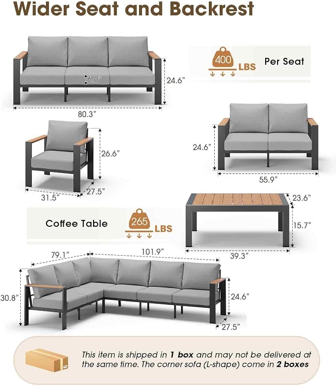 Aluminum Outdoor Patio Furniture 3 Seats, All-Weather Outdoor Patio Sofa with Washable Thick Cushion, Morden Patio Couch for Porch, Balcony, Deck, Yard, Gray