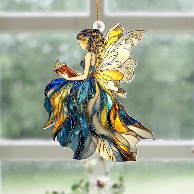 Fairy Stained Glass Style Acrylic Suncatcher, Fairy Ornament Window Hanging, Book Lover Gift for Women, Fantasy Fairy Decor, Book Lover, Librarian Gifts, Christmas Tree Ornament 4.5 Inch(Sun-01)