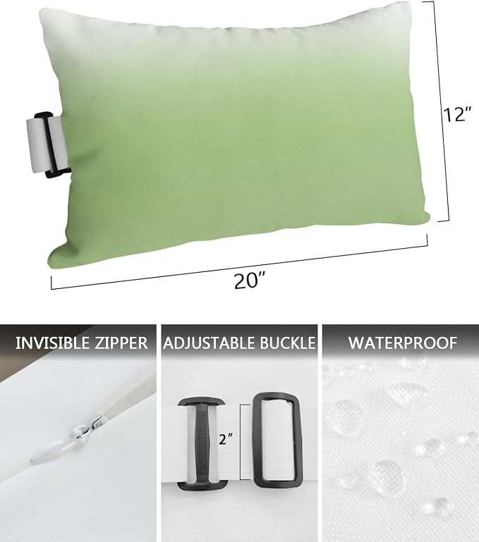Outdoor Pillows Covers with Inserts Vibrant Green and White Gradient Waterproof Recliner Pillow with Adjustable Strap Throw Pillows for Patio Furniture Pool Lounge Chair, 12x20 inch, 1PCS
