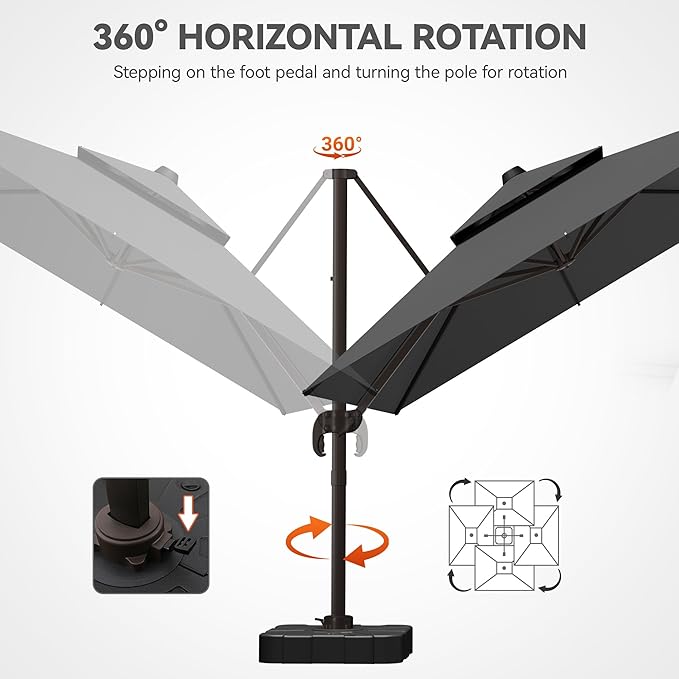 GENTEACO 9x12FT Cantilever Patio Umbrella with Base Included, Double Top Rectangle Offset Umbrella 7 Angle Tilts & 360° Rotation, Large Heavy Duty Outdoor Sun Umbrella for Pool Market, Grey