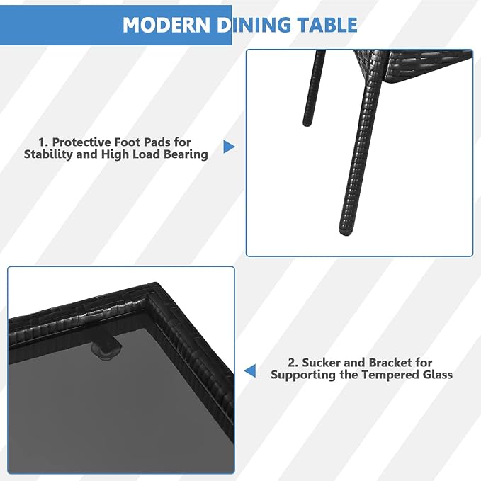 RELAX4LIFE 5-Piece Wicker Dining Set - Patio Rattan Dining Furniture w/ 1 Rectangular Table, 4 Chairs & Removable Soft Cushions, Indoor & Outdoor Dining Table Set w/Tempered Glass Top, Black