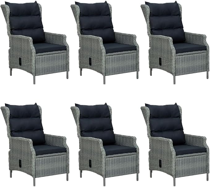 7 Piece Patio Dining Set with Cushions Poly Rattan Light Gray Outdoor Furniture Table and 6 Chairs Reclining Backrest for Garden Backyard