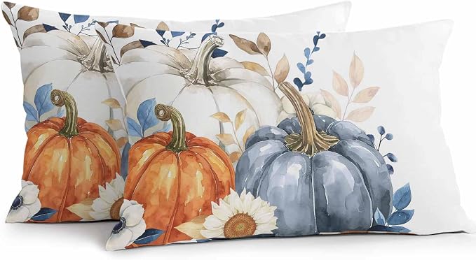 Fall Outdoor Throw Pillows Covers 20x12 inch Set of 2 Waterproof Blue White Pumpkin Zippered Cushion Covers for Patio Furniture, Autumn Eucalyptus Leaves Flower Thanksgiving Lumbar Pillowcases