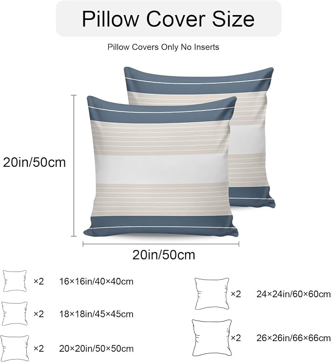 Haze Blue Beige Stripe Outdoor Pillow Covers Waterproof, All Weather Cushion Case Set of 2, Modern Art Horizontal Striped Decorative Pillowcases for Sofa Couch Bed Decor Patio Furniture 16"x16"