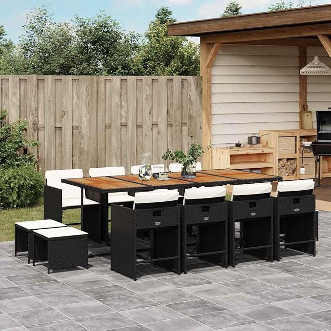 13 Piece Garden Dining Set with Cushions Black Poly Rattan Outdoor Patio Furniture Table Chairs Stools Space Saving Folding Backrest UV Resistant Acacia Wood Top Cream White Seat Pads for Backyard
