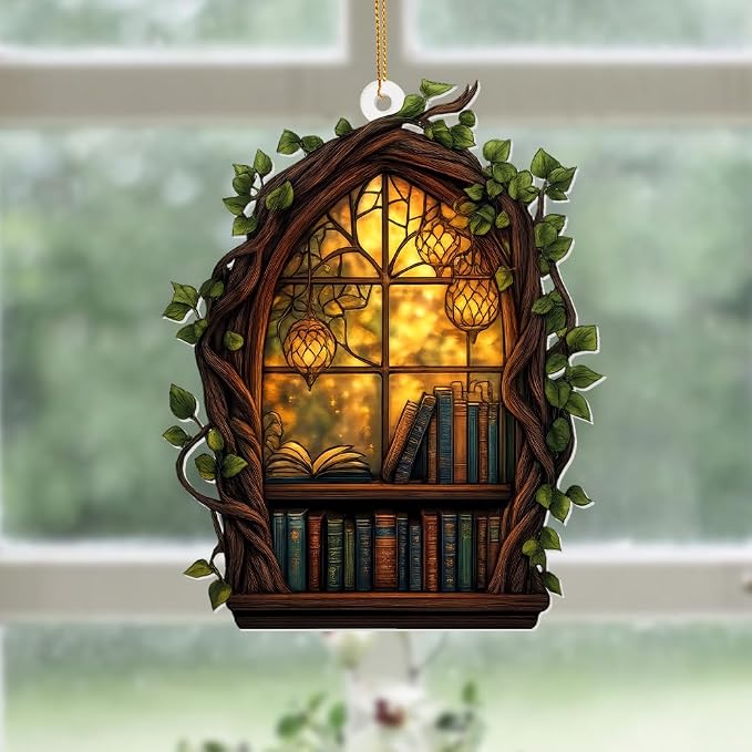 Gothic Window Book Ornament – Stained Glass Style Acrylic Christmas Ornament with Books & Ivy, Fantasy Home Décor, Book Lover Gifts for Women, Teacher & Librarian Holiday Decoration(Sun-19)