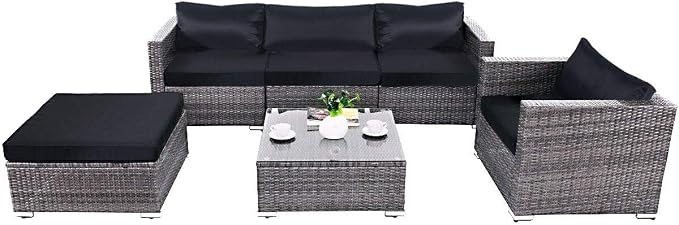 Tangkula 6PC Patio Furniture Set Outdoor Garden Backyard Poolside All Weather PE Rattan Wicker Steel Frame Sectional Cushioned Seat Sofa Conversation Set (Grey)