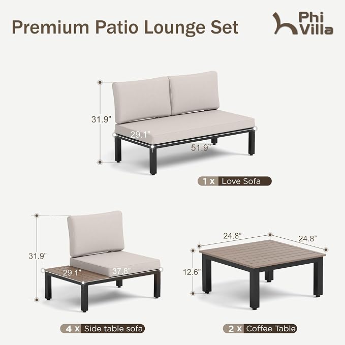 PHI VILLA 7 Pieces Outdoor Patio Furniture Set,Metal Frame Modern Outdoor Sectional Sofa Set,6 Seats Patio Conversation Sets with Coffee Table&Thickened Cushion,for Poolside and Backyard,Light Grey