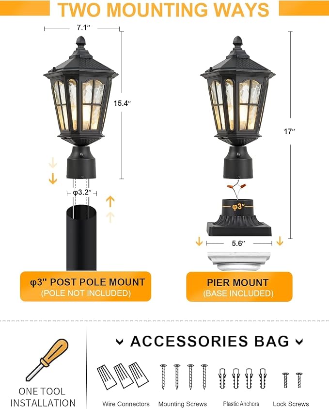 2 Pack Dusk to Dawn Post Light Outdoor, 17''H Outdoor Lamp Post Light with Pier Mount Adapter,Waterproof IP65 Classic Die Cast Aluminum with Water Ripple Glass, Matte Black