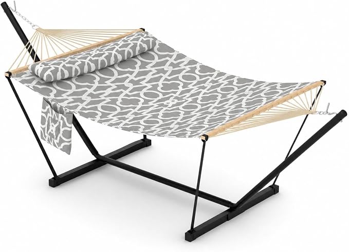 Double Hammock with Stand for Outdoor - Heavy Duty Portable 2 Person Hammock with Adjustable Steel Stand, 450 Lbs Capacity Free-Standing Fabric Hammock Bed with Spreader Bars, Pillow & Side Pocket