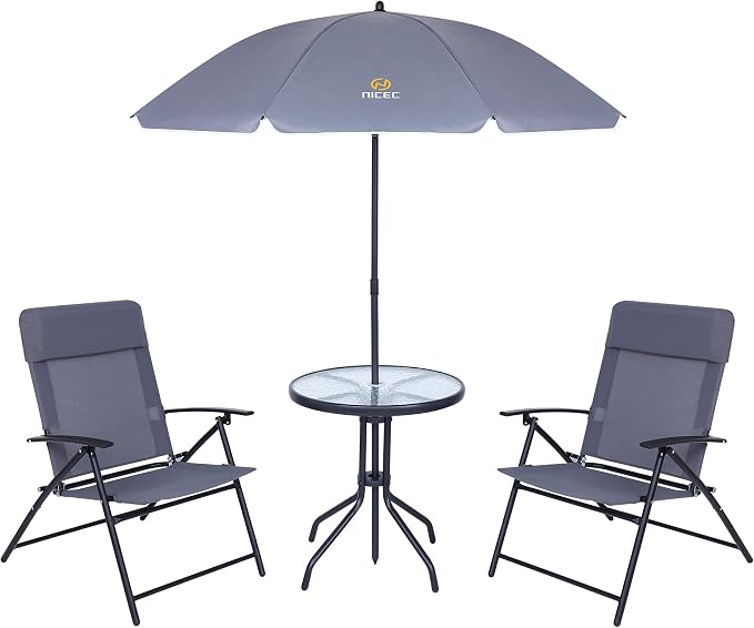 Nice C Patio Set with Umbrella, Outdoor Dinning Set, Patio Furniture Set, Patio Table Chair with Umbrella, Table and Chairs, 4-Piece Garden Furniture Set, Glass Table, 2 Folding Chairs&Umbrella (Grey)