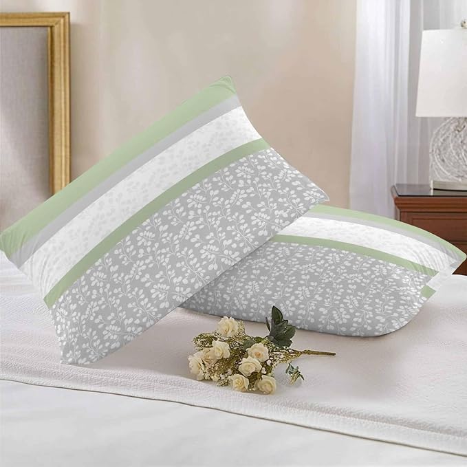 Farmhouse Flower Design Outdoor Pillow Covers 20x12in Pack of 2 Waterproof Pillowcase Green Grey White Stripe Stitching Decorative Throw Cushion Case for Patio Couch Sofa