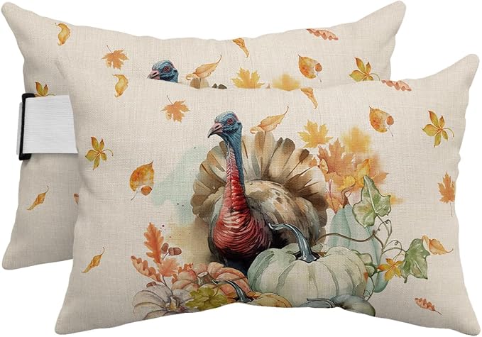 Outdoor Pillows Covers with Inserts Thanksgiving Watercolor Turkey Pumpkin Maple Leaves Waterproof Pillow with Adjustable Strap Throw Pillows for Patio Furniture Recliner Lounge Chair, 12" x 20", 2PCS