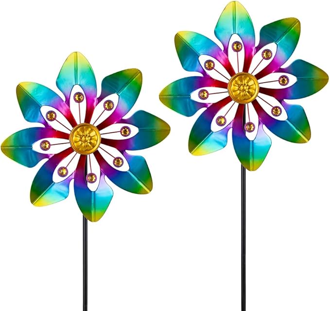 VEWOGARDEN 2 Pack Wind Spinners Outdoor, Metal Wind Spinner with Flower Design for Yard Garden Lawn Decorations, Colorful