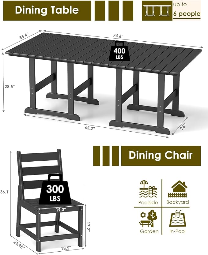GREENVINES 7-Piece-Outdoor-Table-and-Chairs | HDPE | Patio Furniture | Dining Sets for 6 | Armless Chair | All Weather | Connectable Tables | for Backyard Poolside Garden | Black