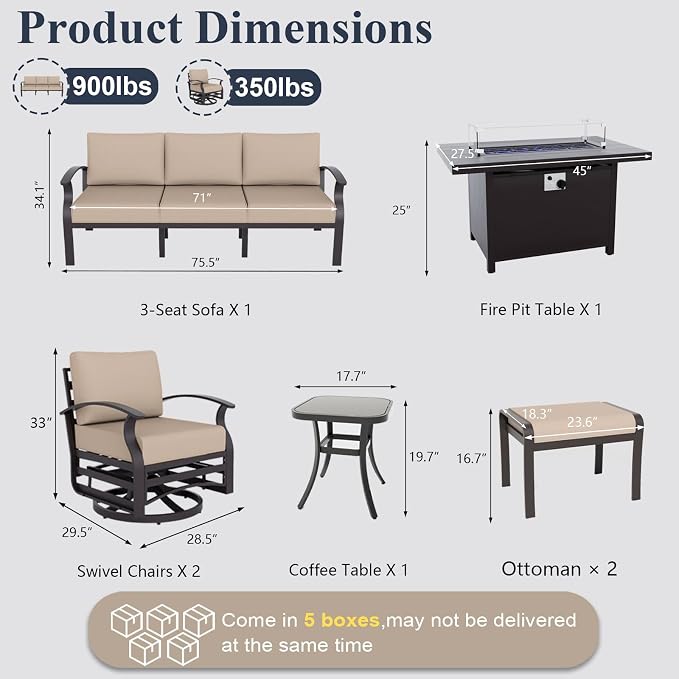 ALAULM Aluminum Patio Furniture Set with Propane Fire Pit Table 7-seat Metal Outdoor Furniture w/Swivel Chairs Patio Sectional Sofas w/2 Ottomans for Porch, Backyard, Poolside-Sand