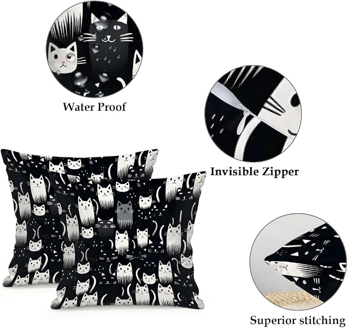 22x22 Inch Outdoor Pillow Covers Set of 2 Waterproof Throw Pillow Covers Decorative Couch Cushion Covers Cats Black White Square Pillowcases Protectors for Patio Garden Sofa