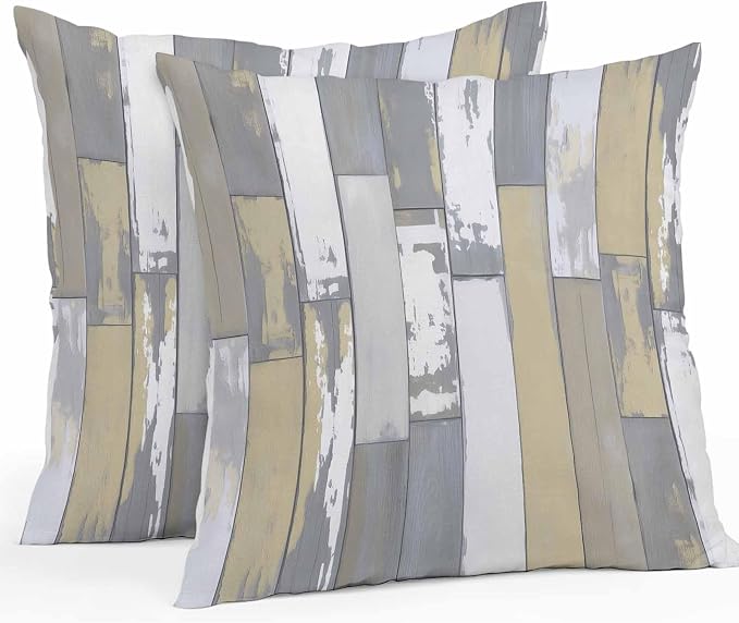 Yellow Gray Outdoor Pillow Covers 16x16 Inch Throw Pillow Covers Set of 2 Waterproof Decorative Pillow Cases Rustic Vintage Shabby Mottled Wood Grain Cushion Covers for Patio Furniture Garden Couch
