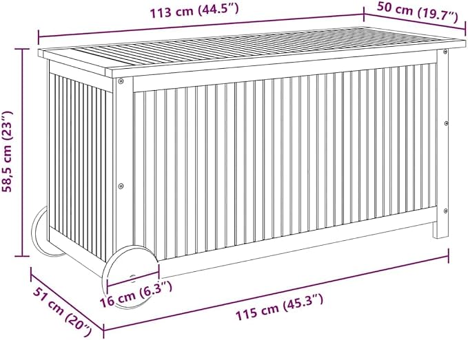 Outdoor Garden Storage Box with Wheels, Solid Acacia Wood Deck Chest for Patio Backyard Furniture, 44.5 x 19.7 x 22.8 Inches