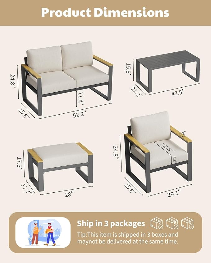 Aluminum Outdoor Patio Furniture - 1 Pcs Loveseat and Coffee Table, All-Weather Metal Modern Outside Furniture with Washable Thick Cushion for for Balcony, Garden, Deck, Backyard,Beige