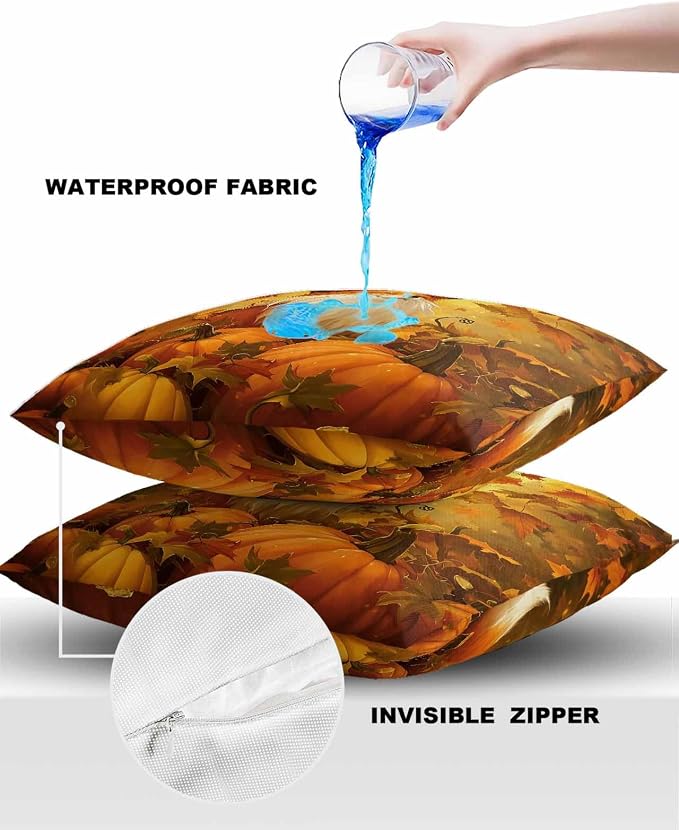 Outdoor Waterproof Throw Pillow Covers 24x24in, Fall Thanksgiving Cute Fox Cushions for Garden Patio Furniture Chairs Set of 2, Pumpkins Maple Leaves Home Decor Couch Sofa Polyester Pillow Cases