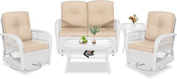 VIVIJASON 5-Piece Outdoor Patio White Wicker Conversation Sets, All Weather Outdoor Rattan Furniture Set Includes Glider Loveseat, 2 Coffee Table, 2 Swivel-Gliders Chairs with Cushions, Beige