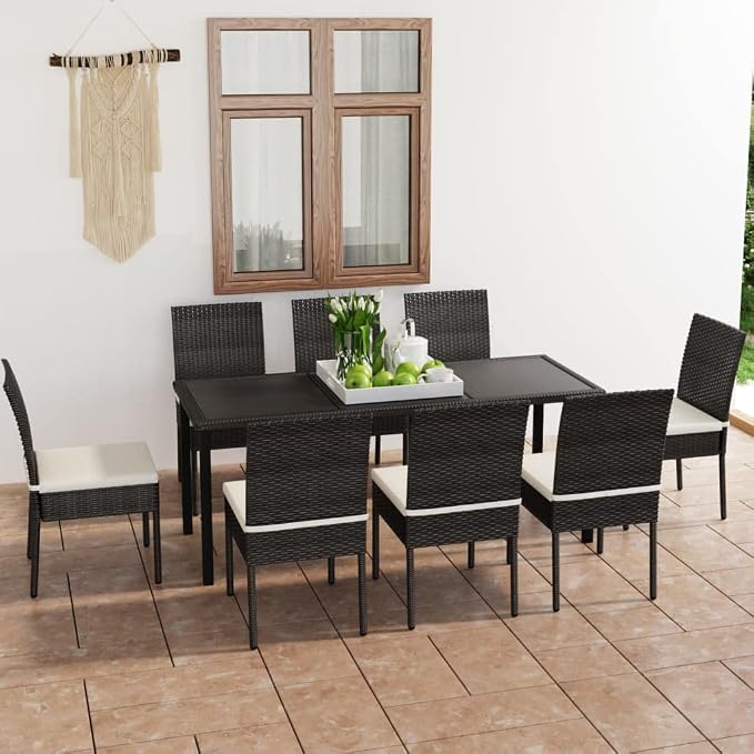 9 Piece Poly Rattan Patio Dining Set Black | Steel Frame, Weather Resistant, Removable Seat Cushions, Lightweight for Outdoor Use