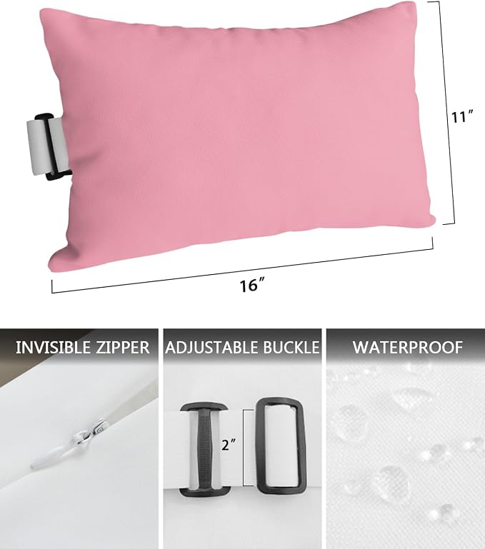 Outdoor Pillow for Chaise Lounge Chair, Pure Pink Solid Color for Girls Waterproof Recliner Headrest Pillow Lumbar Pillows with Adjustable Elastic Strap for Beach, Poolside, Patio, Office (2 Pack)