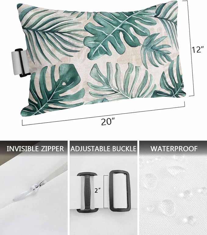 Pack of 2 Outdoor Lumbar Pillow Covers 12x20 Inch, Turquoise Monstera Deliciosa Waterproof Throw Pillow Covers Set, Summer Botanical Tropical Vintage Decorative Cushion Cases for Patio Porch Car
