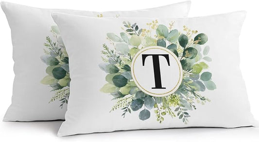 Letter T Waterproof Outdoor Pillow Covers Set of 2 Home Decor, Alphabet Green Eucalyptus Leaves Lumbar Pillowcase Patio Pillow Covers for Couch Bench Patio Furniture Garden 20x12in