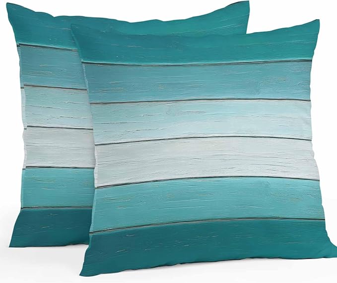 Teal Turquoise Outdoor Pillow Covers 20x20 Inch Throw Pillow Covers Set of 2 Waterproof Decorative Pillow Cases Farmhouse Abstract Gradient Wooden Plank Cushion Covers for Patio Furniture Garden Couch