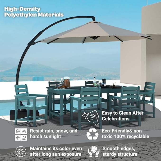 Outdoor HDPE Dining Set 5 Pieces, Patio Table with Umbrella Hole and 4 Chairs, All Weather Patio Furniture for Lawn, Garden, Backyard, Deck, Poolside, Heavy Duty Outdoor Dining Table and Chairs, Blue