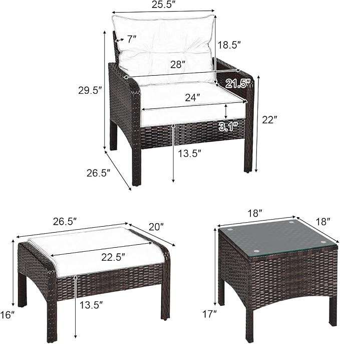 HAPPYGRILL 5-Piece Patio Furniture Set Outdoor Rattan Wicker Conversation Set with Coffee Table Cushioned Sofas and Ottoman Chat Set for Garden Backyard