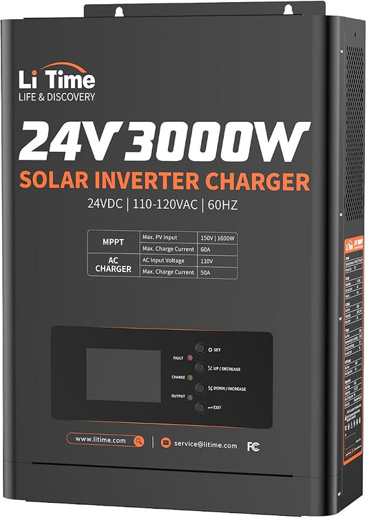 LiTime Solar Inverter Charger, 3000W DC 24V to AC 120V Pure Sine Wave Inverter with 60A MPPT Charge Controller, 50A AC Battery Charger, Uninterrupted Power Supply (UPS), RS485 Communication