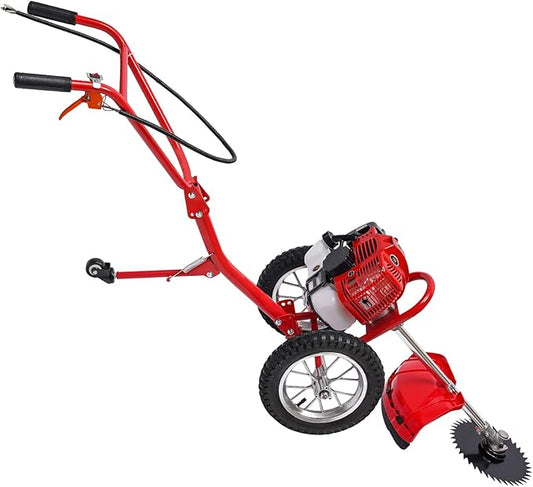 Walk Behind String Trimmer, 49CC 2 Stroke Gas Walk Behind Brush Cutter Mowing & Loosening 2-in-1 Lawn Mower 6500-7000 RPM 11.02" Cutting Width for Yards Gardens Farms
