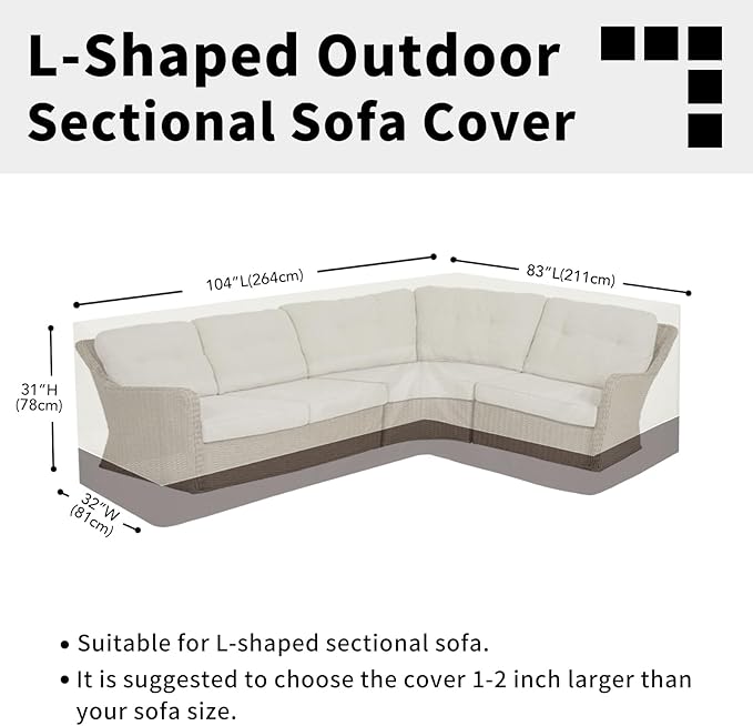 Easy-Going Outdoor L-Shaped Sectional Sofa Cover 104"X83" UV Resistant Patio Sectional Couch Cover Waterproof Lawn Patio Furniture Cover (Right Facing, Beige/Brown)