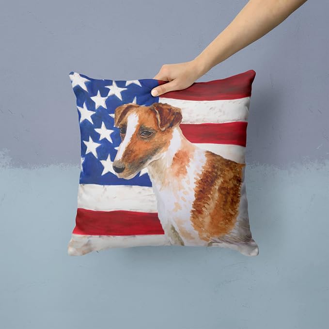 Caroline's Treasures BB9647PW1414 Smooth Fox Terrier Patriotic Fabric Decorative Pillow Machine Washable, Indoor Outdoor Decorative Pillow for Couch, Bed or Patio, 14Hx14W